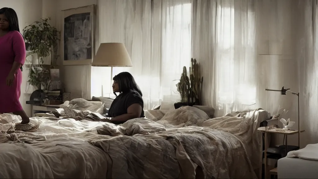 Prompt: stunning screenshot of Octavia Spencer alone in her studio apartment, moody, sad scene from the movie PT Anderson, she is plugged into the virtual world at night, art house, award winning film, portrait, 3D rendered lighting, stunning cinematography by Hoyte van Hoytema