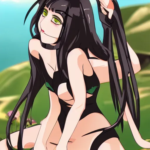 Prompt: black-haired beauty in 2D style , in a bikini , knee-length hair