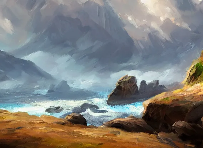 Image similar to concept art of cliffs, hard rocks, oil painting by jama jurabaev, extremely detailed, brush hard, artstation, for aaa game, high quality, brush stroke