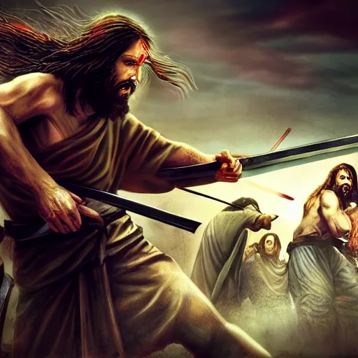 Prompt: jesus christ holding a katana and fighting a horde of zombies, 4 k, high resolution, still, landscape, hd, dslr, hyper realistic