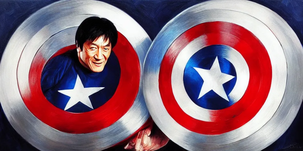 Prompt: jackie chan holds captain america's shield ， oil painting