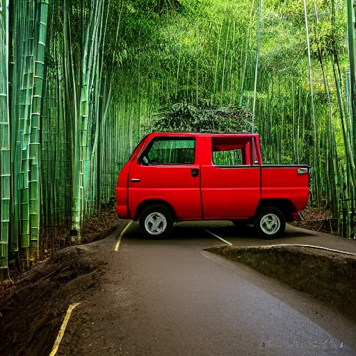 Image similar to a red daihatsu delta truck parked in the apex of a curve with the road surrounded by a canopy of bamboo trees, the shadows of the leaves are proyected onto the road photographed with a nikon f 3 camera and a 3 5 mm f / 4 lens using portra 4 0 0 film stock