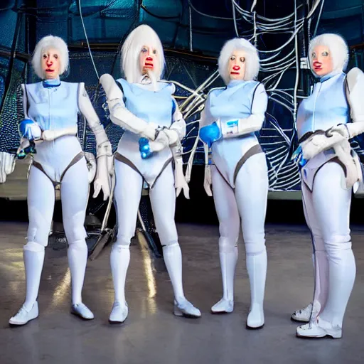 Image similar to troop of freak show women with white apache hairdos, white hair, tight light blue neopren suits, futuristic production facility, sci - fi, highly detailed, cinematic