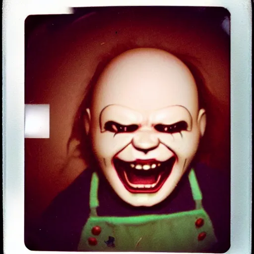 Image similar to screaming chucky doll at bottom of dark ocean expired film polaroid