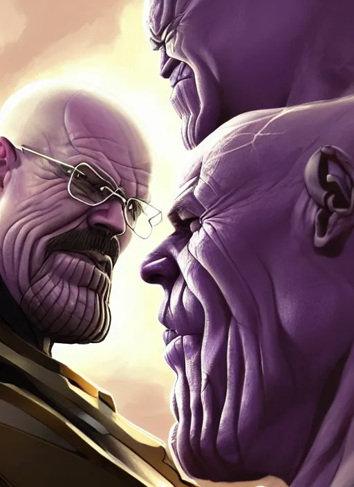 Prompt: thanos and walter white, love, elegant, digital painting, concept art, smooth, sharp focus, illustration, from starcraft by ruan jia and mandy jurgens and artgerm and william - adolphe bouguerea