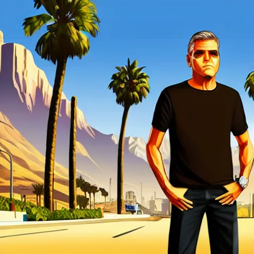 Image similar to george clooney in gta v. los santos in background, palm trees in the art style of stephen bliss