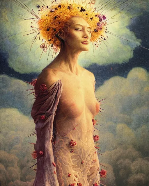 Image similar to A portrait of a woman wearing clothes made out of thunder clouds and flowers, apocalypse, nuclear explosion in the background, spiky skin, Masterpiece, glowing, wires everywhere, by Edgar Maxence and Ross Tran, Zdzisław Beksiński, and Michael Whelan, distant, gustav dore, H.R. Giger, 8k, octane render