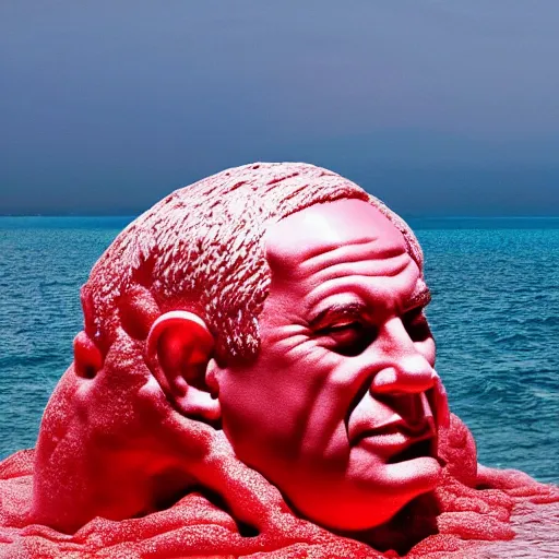Image similar to a giant benjamin netanyahu sculpture made out of juicy red jelly, in the sea, long shot, hyper detailed, hyper realistic, ray tracing, 8 k resolution, sharp focus, realistic water, award winning