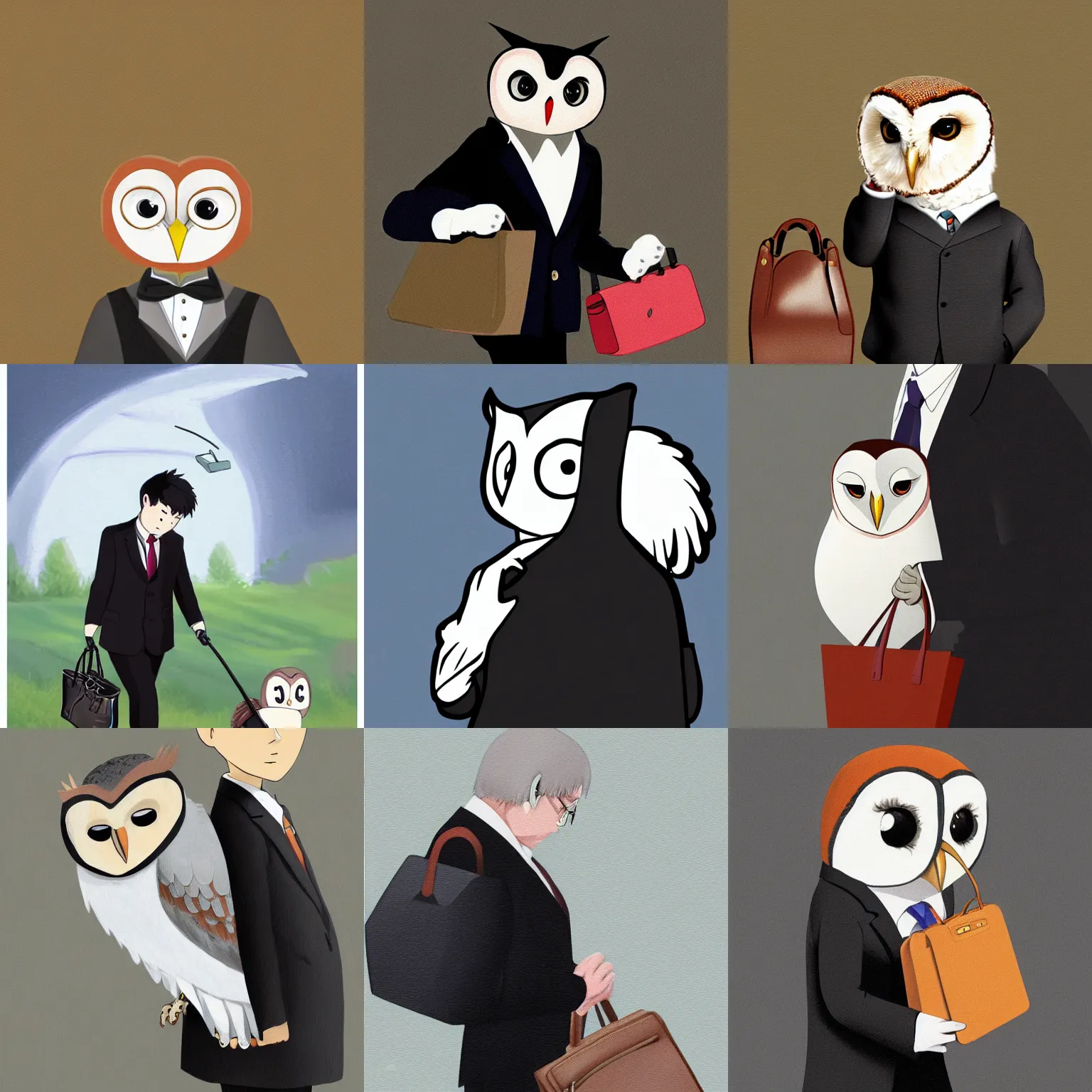 Prompt: digital oil painting of a cute anthropomorphic barn owl in a black suit wearing an office bag going to the office, by Hayao Miyazaki
