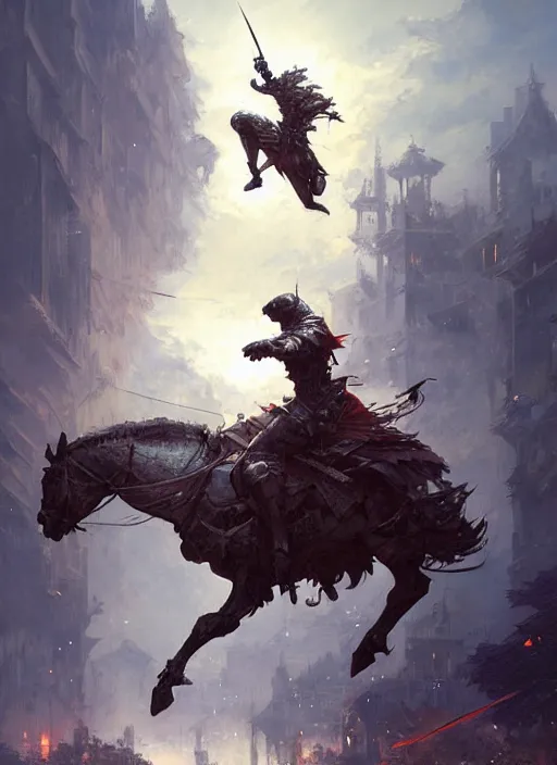 Image similar to 4k knight jumping away from an attack , art by greg rutkowski, art by craig mullins, art by thomas kincade, art by Yoshitaka Amano