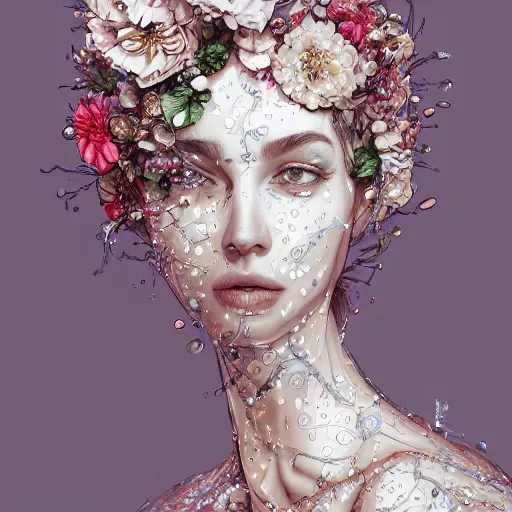 Image similar to the portrait of an absurdly beautiful, graceful, elegant, sophisticated, fashionable young woman made of strawberries and white petals with tears, an ultrafine hyperdetailed illustration by kim jung gi, irakli nadar, intricate linework, bright colors, octopath traveler, final fantasy, unreal engine 5 highly rendered, global illumination, radiant light, detailed and intricate environment