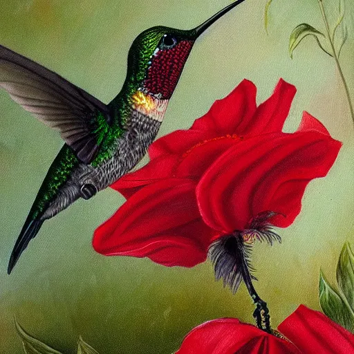 Prompt: closeup detailed painting of iridescent hummingbird sipping nectar from red flower in the style of hans zatzka