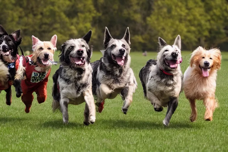 Prompt: a field full of dogs that are running in one direction