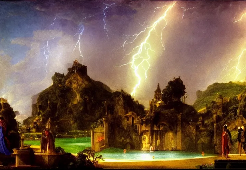 Image similar to Palace of the chalice, refracted sparkles, thunderstorm, greek pool, beach and Tropical vegetation on the background major arcana sky, by paul delaroche, hyperrealistic 4k uhd, award-winning, very very very detailed