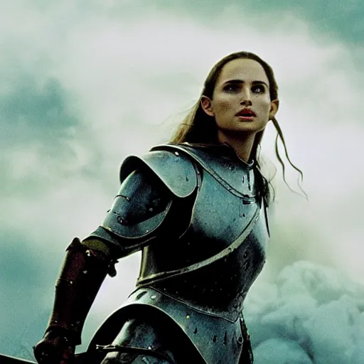 Prompt: a still from “ lord of the rings ” of a head and shoulders portrait of natalie portman as a heavily armored paladin with a flaming sword, photo by phil noto