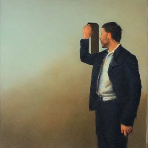 Prompt: painting of a man looking at his reflection