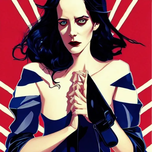 Image similar to Joshua Middleton comic art, wide shot, stunning elegant female Eva Green, Indigo Magician, beautiful evil sneer, symmetrical face, symmetrical eyes, leather clothing and boots, long straight red hair, full body, Indigo occult pattern