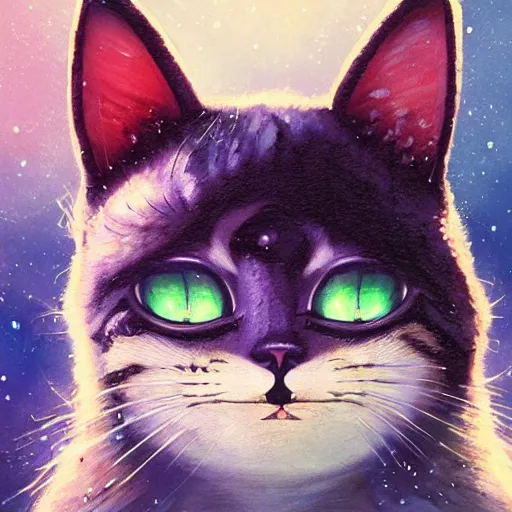 Image similar to A space realistic cat with big and cute eyes, fine-face, realistic shaded perfect face, fine details. realistic shaded lighting poster by Ilya Kuvshinov katsuhiro otomo ghost-in-the-shell, magali villeneuve, artgerm, Jeremy Lipkin and Michael Garmash, Rob Rey and Kentarõ Miura style, trending on art station