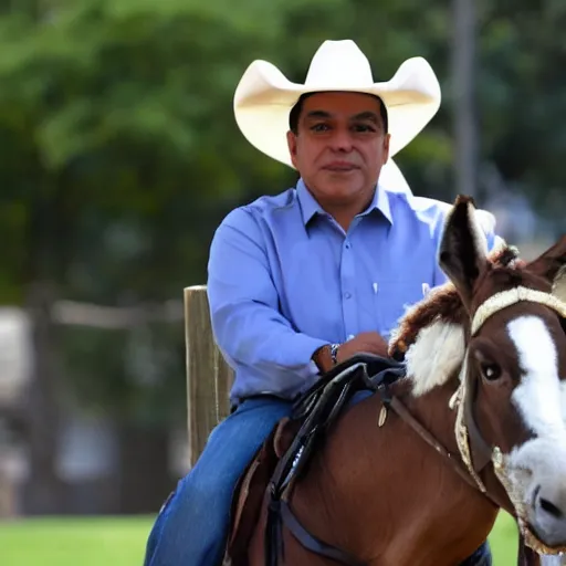 Prompt: Mel Zelaya president of Honduras, wearing a cowboy hat, riding a gray donkey