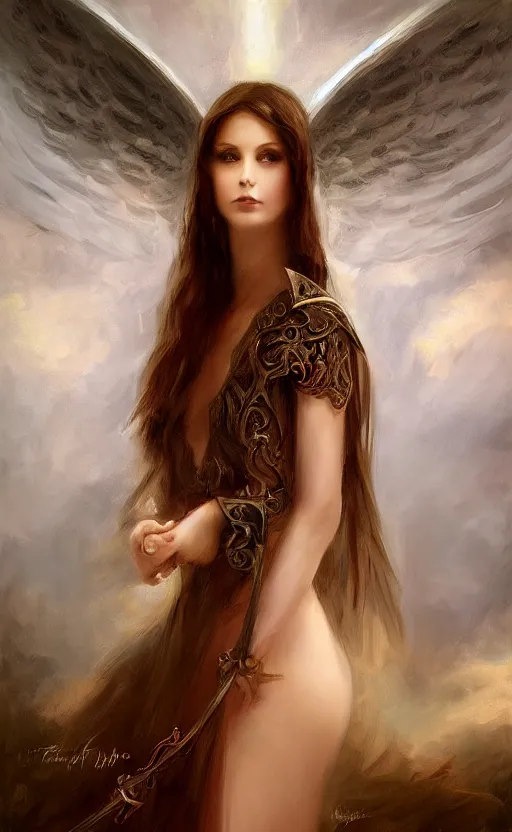 Image similar to Angel knight gothic girl. By Konstantin Razumov, Fractal flame, chiaroscuro, highly detailded