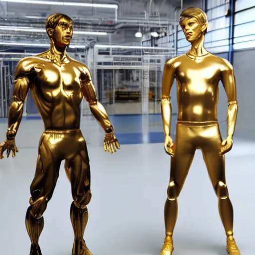 Image similar to a realistic detailed photo of a guy who is an attractive humanoid who is half robot and half humanoid, who is a male android, attractive and handsome soccer players, shiny skin, posing like a statue, blank stare, in a factory, on display, showing off his muscles, gold soccer shorts, side view, looking at each other mindlessly