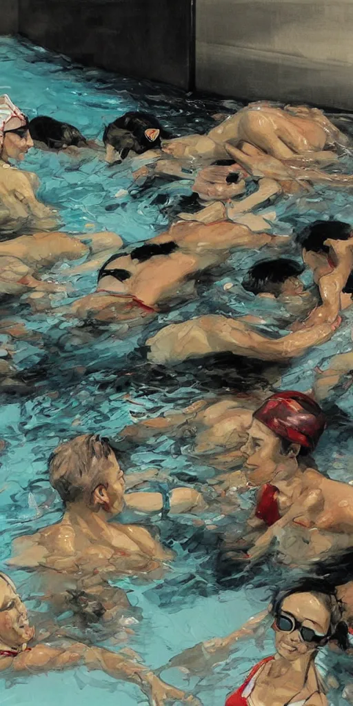 Image similar to oil painting scene from swimming pool by kim jung gi