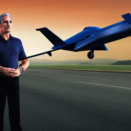 Image similar to aesthetic illustration of jeffrey epstein, wearing a dark blue polo shirt, standing by his global hawk surveillance drone on an empty runway at dusk, cinematic lighting, high detail, volumetric lights, pinterest wallpaper, trending on artstation