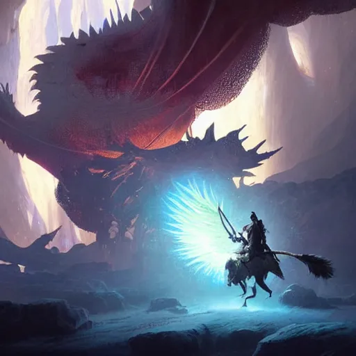 Prompt: three fantasy warriors slaying a large iridescent dragon in a dark cave, rays of light from above, fantasy painting by greg rutkowski