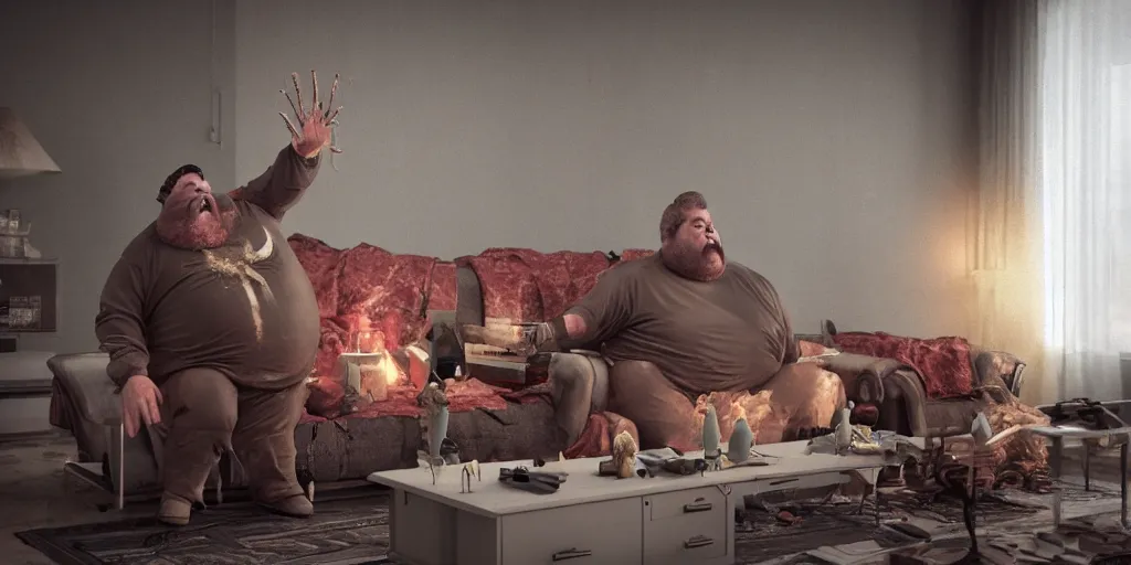 Image similar to a highly detailed photographic render of a fat scary man in a bloody living room, scary man watching tv, horror sci-fi, horror science fiction, biology, horror, cinematic, cinematic horror, cinematic lighting, cinematic scene, cinematic render, film, horror film, beautifully lit, ray traced, octane 3D render, octane render, unreal engine