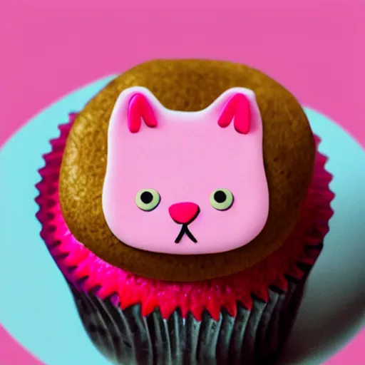 Image similar to a delicious looking pink cat cupcake, advertised in a winning food magazine, studio product lighting, presented on a light red pastel colored background