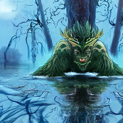 Prompt: forest monster rising from the water