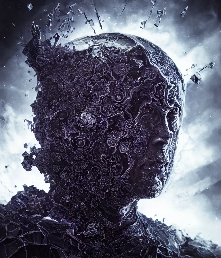 Image similar to impressive ominous front!! shot photo of a court jester character fine portrait fine portrait mesmerizing fractal hyper cubes platinum cracked dark future hyper dimensional space galactic crystal nebula edges elegant detailed intricate concept artstation sharp focus ray tracing cinematic masterpiece temporal corruption beeple wlop germ 8 4 k scifi glossy hyper realistic illustration canon eos r 3 fujifilm x - t 3 0 sony alpha a 6 6 0 0