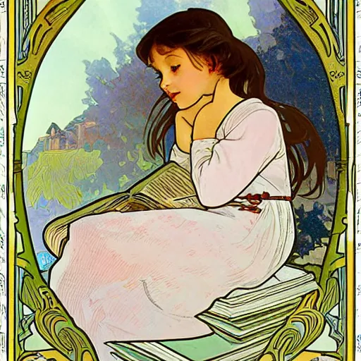 Prompt: a little girl sitting on a pile of books reading a book. beautiful painting with high quality detailed face by disney and alphonse mucha. flat colors, plain white background
