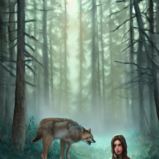 Image similar to a pretty girl surrounded by wolves, in the woods, digital painting, photorealistic, in the style of greg rutkowski, full body, detailed face