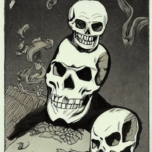 Image similar to a beautiful comic book illustration with a man in a skull head