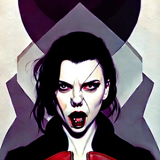 Prompt: rafael albuquerque comic art, peter mohrbacher, steve niles, artgerm, pretty scarlett johansson vampire sharp vampire teeth open mouth, symmetrical eyes, black leather jacket, jeans, long blonde hair, full body