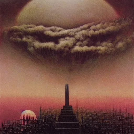 Prompt: a city being destroyed, annihilated, by a nuclear explosion that looks like a rising sun, painted by zdzislaw beksinski, melancholy