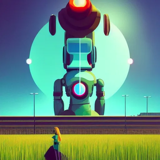 Prompt: a graph - style woman walking across a lush green field, a huge robot head in front of her, cyberpunk art by james gilleard, by beeple, cgsociety, retrofuturism, synthwave, retrowave, outrun