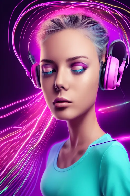 Image similar to a award winning half body portrait of a beautiful woman with stunning eyes in a croptop and cargo pants with ombre purple pink teal hairstyle dancing while listening to music with headphones on her ears by thomas danthony, surrounded by whirling illuminated lines, outrun, vaporware, shaded flat illustration, digital art, trending on artstation, highly detailed, fine detail, intricate