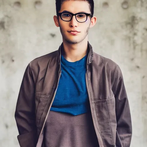 Prompt: a young male model with glasses staring at the camera in a casual jacket, professional portrait photography