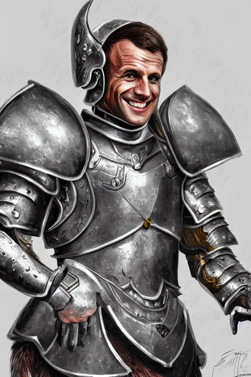 Image similar to emmanuel macron smiling while wearing armour, highly detailed, digital art, sharp focus, trending on art station