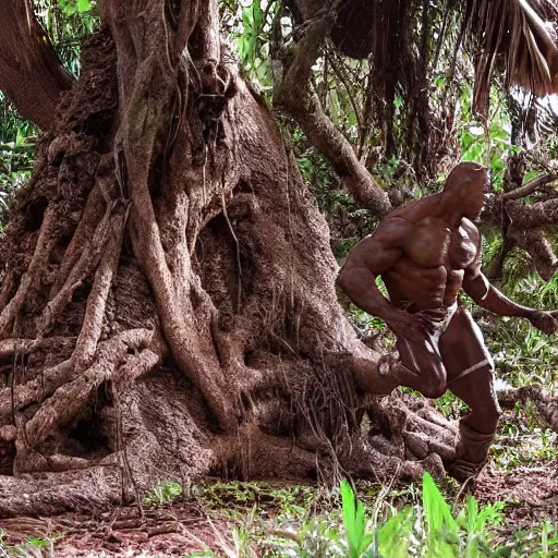 Image similar to film still of a mud - covered dwayne johnson as dutch hiding behind a tree from the predator in predator 1 9 8 7, hd, 8 k