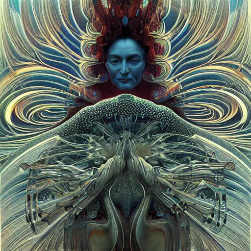 Prompt: queen of the galaxy by zaha hadid, zdzisław beksinski, alphonse mucha. highly detailed, hyper - real, very beautiful, intricate fractal details, epic, mysterious, polished, futuristic design, trending on deviantart and artstation