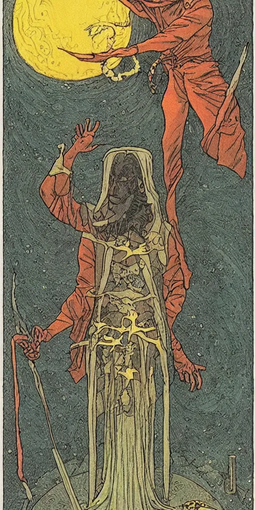 Image similar to the tarot card of the magician painted by moebius.