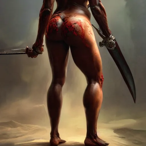 Prompt: painting of dark muscular oiled indian woman back, bloody, carrying a sword, ultra realistic, concept art, intricate details, eerie, highly detailed, photorealistic, octane render, 8 k, unreal engine. art by artgerm and greg rutkowski and alphonse mucha