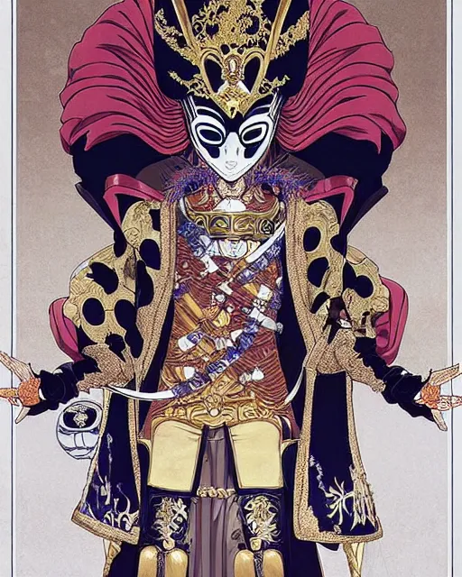 Image similar to The masked emperor giving a speech to a very large crowd of people. He has very ornate clothing and a mask || VERY VERY ANIME!!!, realistic shaded fine details. Anime. realistic shaded lighting poster by katsuhiro otomo, ghost-in-the-shell, ayami kojima