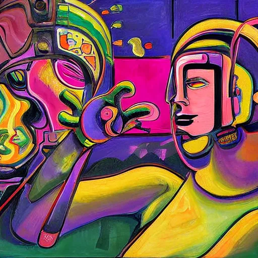 Prompt: The painting combines elements of both abstraction and figuration, creating a unique and powerful image. The bright colors and bold lines are eye-catching, and the subject matter is both mysterious and intriguing. The painting is both beautiful and thought-provoking. Taco Bell, 1980s, postcyberpunk by Adrian Smith wormhole