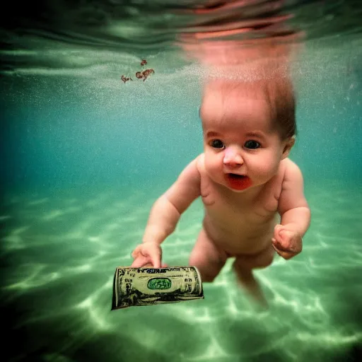 Image similar to a baby chasing a dollar bill under the surface of the water in the style of the nirvana album cover, underwater photography with light scattering and water refractions, smooth