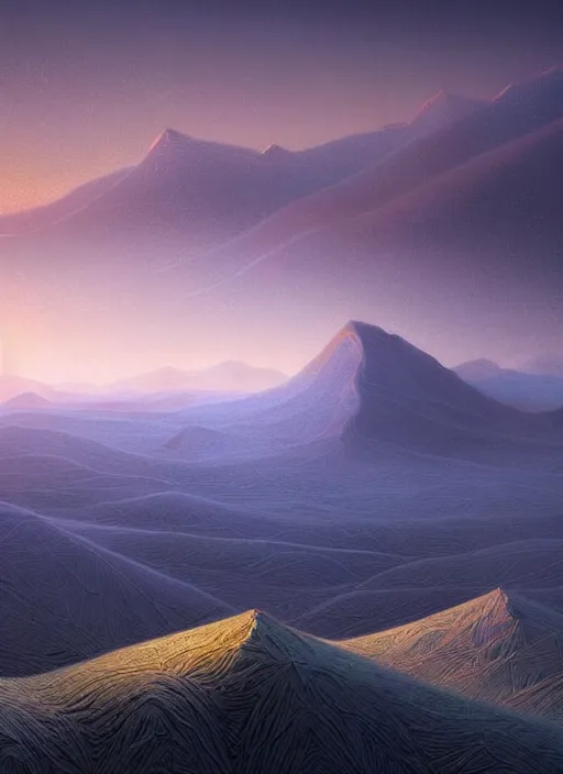 Image similar to just before sunrise in the low - polygon hills, the distant hills are polygons, depth of field, intricate, surrealism!!!!, highly detailed, lifelike, photorealistic, digital painting, artstation, surreal concept art, smooth, sharp focus, by greg rutkowski, chris tulloch mccabe, valentina remenar and asher duran,