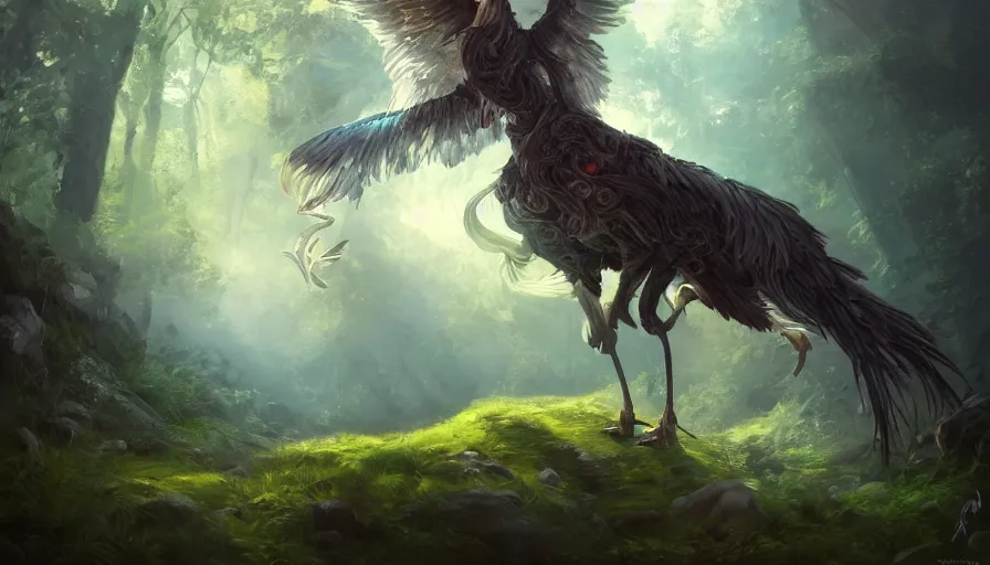 Image similar to A beautiful painting of a griffin in a magical forest, ray traced sun light, by Cindy Avelino and Kalin Popov , Trending on artstation HD.